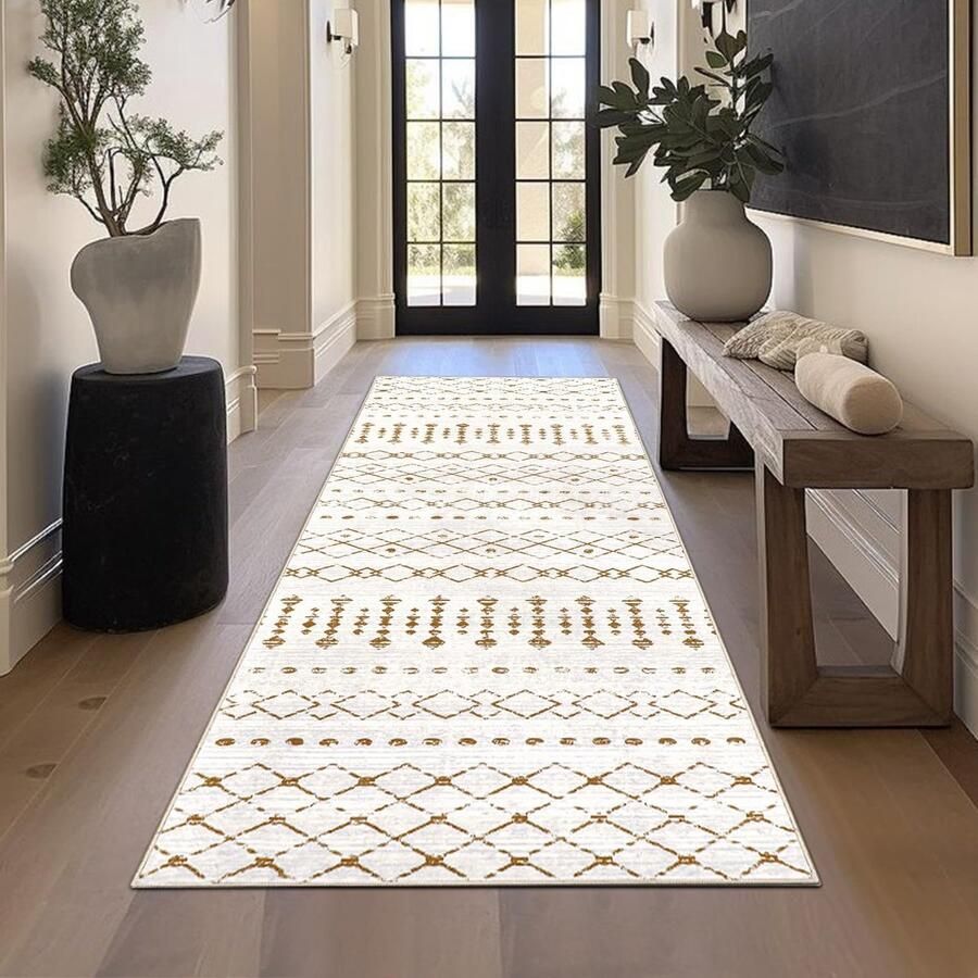 Homcomodar Tapijtloper 80x200cm Keuken Tapijtloper Tapijt Wasbaar Tapijtloper Hal Boho Tapijten met Rubberen Rug Vloertapijt voor Hal Entree Woonkamer Keuken (Beige Wit)