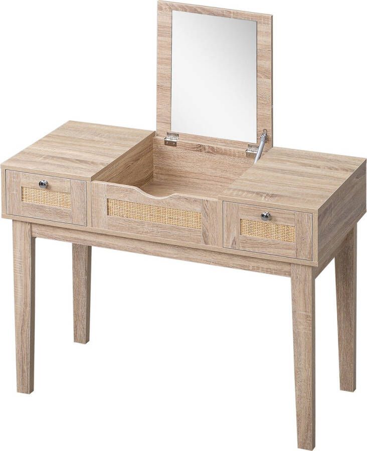 HOMdotCOM kaptafel in rieten look met 1 spiegel 2 laden en 1 opbergvak 100 cm x 46 cm x 78 5 cm naturel Copy