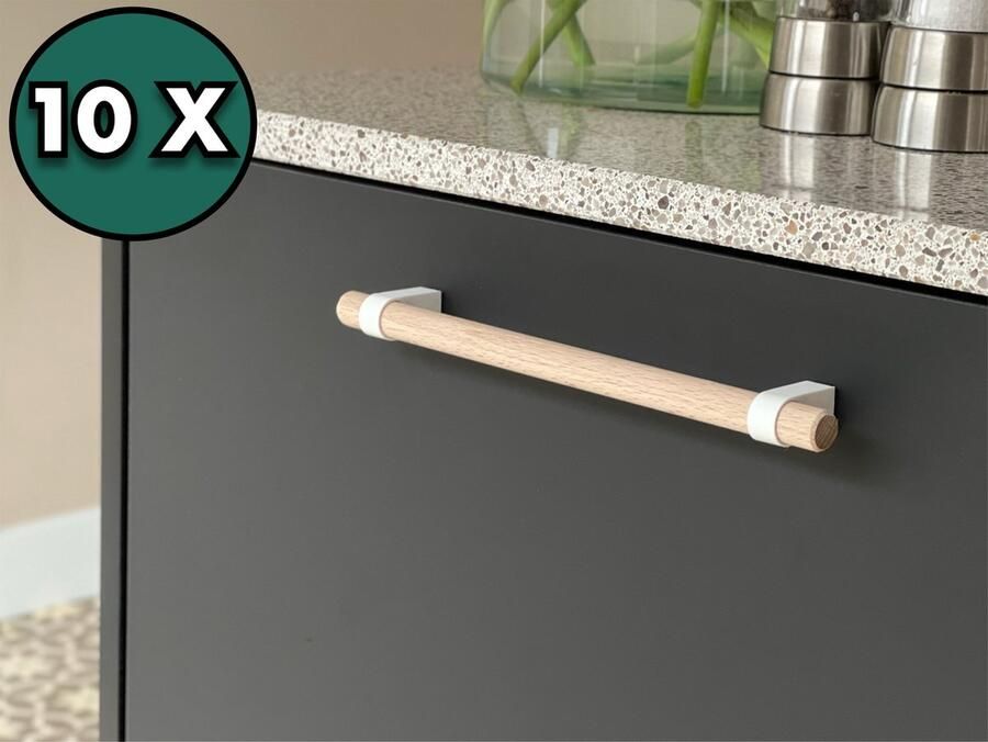 Home 3D Handgreep Wit – Beukenhout – Gemaakt in Nederland – 10 stuks – 128mm – Voor Keuken Kast Meubel en Badkamer – Inclusief Montageschroeven – Modern design – Gemakkelijk te installeren