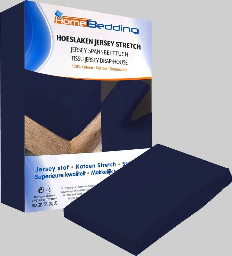 Home bedding Premium hoeslaken- jersey- 100% katoen- stretch- Lits- jumeaux- 180x200+30cm- geschikt voor boxspring- Donkerblauw - Foto 2