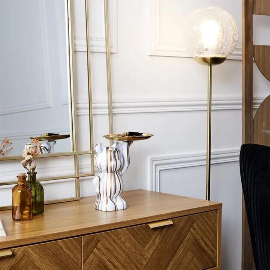 HOME DECO FACTORY Beer met dienblad sleutelschaal Decoratie wit goud Dienblad Decoratie Voor Woonkamer & Entree Voor Bureau & Kantoor Modern Woondecoratiebeerbeeld met dienblad beer opslag decoratie sleutelschaal voor in de hal snoepschaal voor bureau