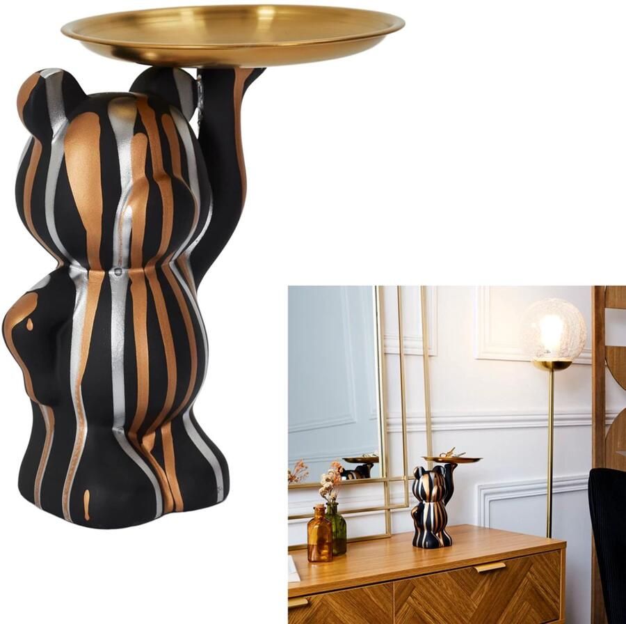HOME DECO FACTORY Beer met dienblad sleutelschaal Decoratie zwart goud Dienblad Decoratie Voor Woonkamer & Entree Voor Bureau & Kantoor Modern Woondecoratiebeerbeeld met dienblad beer opslag decoratie sleutelschaal voor in de hal snoepschaal voor bureau