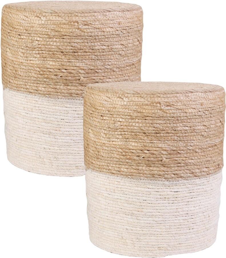 HOME DECO FACTORY Bijzet poef Mirage 2x Ibiza boho beige MDF 35 x 41 cm gevlochten