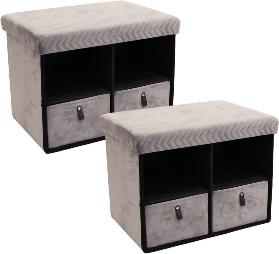 HOME DECO FACTORY Home Deco poef hocker met lades 2x opvouwbaar stof grijs velvet polyester mdf 50 x 38 cm
