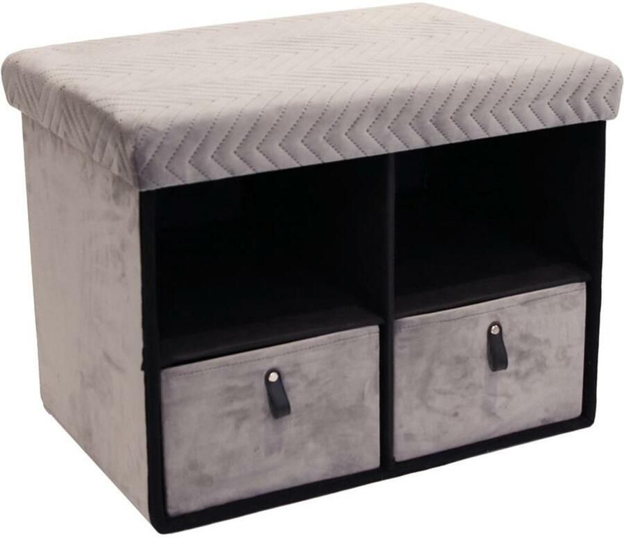 HOME DECO FACTORY Home Deco poef hocker met lades opvouwbaar stof grijs velvet polyester mdf 50 x 38 cm
