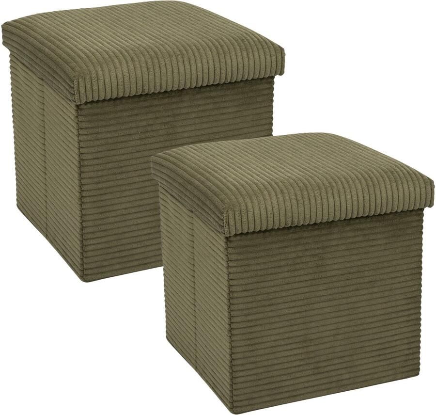 HOME DECO FACTORY Poef hocker opvouwbaar 2x rib design opbergbox groen polyester mdf 38 x 38 cm