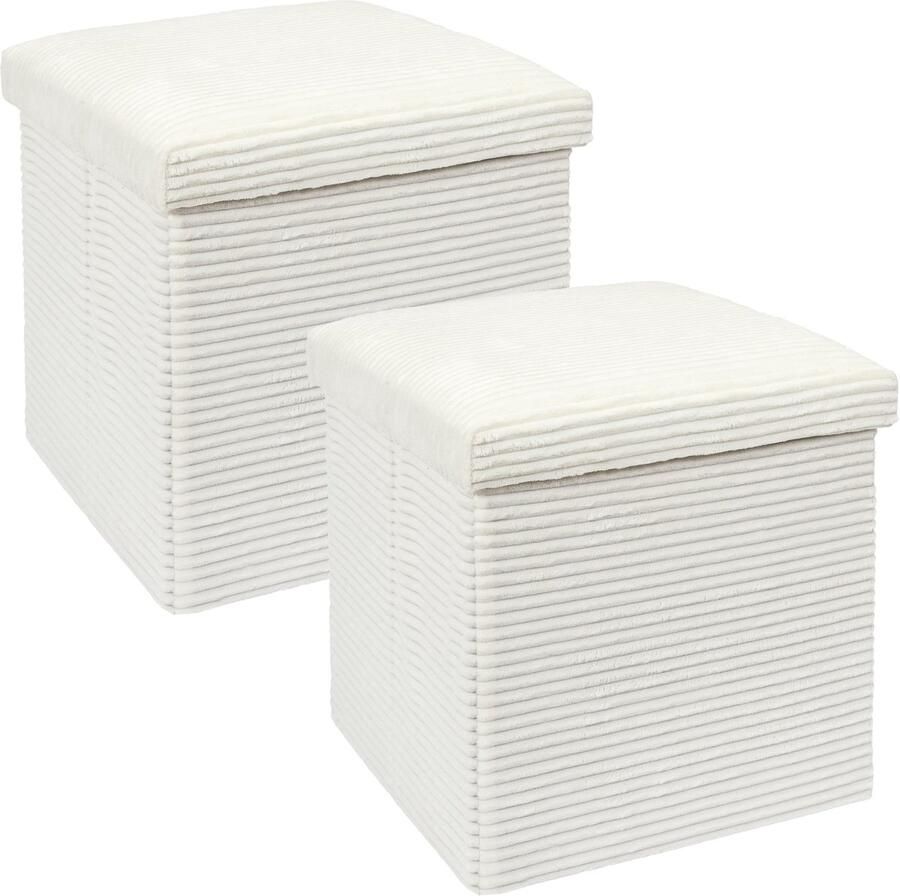 HOME DECO FACTORY Poef hocker opvouwbaar 2x rib design opbergbox wit polyester mdf 38 x 38 cm