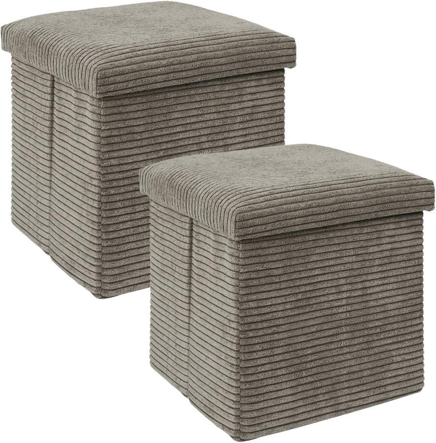 HOME DECO FACTORY Poef hocker opvouwbaar 2x rib design opbergbox zacht taupe polyester mdf 38 x 38 cm