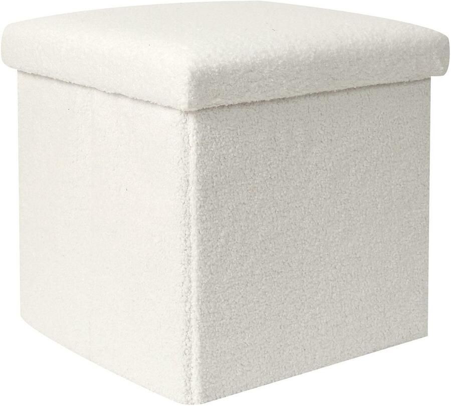 HOME DECO FACTORY Poef hocker opvouwbaar bouclé stof opbergbox wit polyester mdf 38 x 38 cm