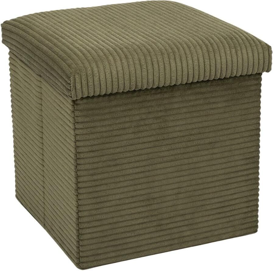 HOME DECO FACTORY Poef hocker opvouwbaar rib design opbergbox groen polyester mdf 38 x 38 cm