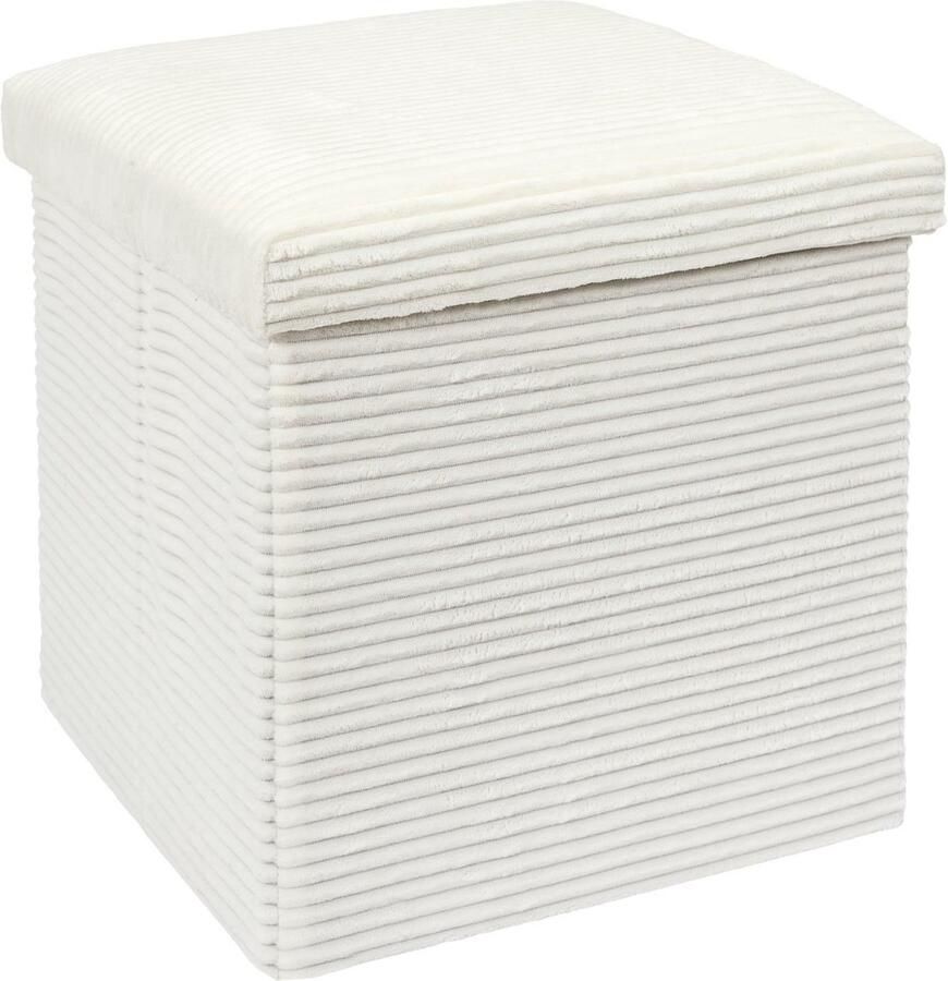 HOME DECO FACTORY Poef hocker opvouwbaar rib design opbergbox wit polyester mdf 38 x 38 cm
