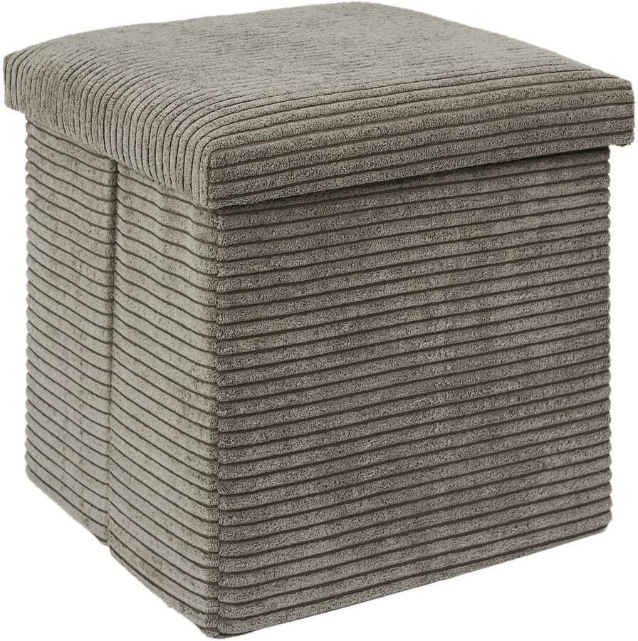 HOME DECO FACTORY Poef hocker opvouwbaar rib design opbergbox zacht taupe polyester mdf 38 x 38 cm