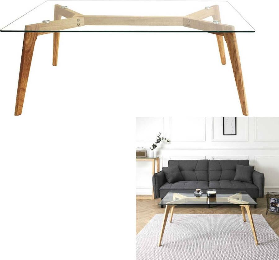 Home deco factory Salontafel met glazen blad en houten poten 110x45x60 cm Bruin