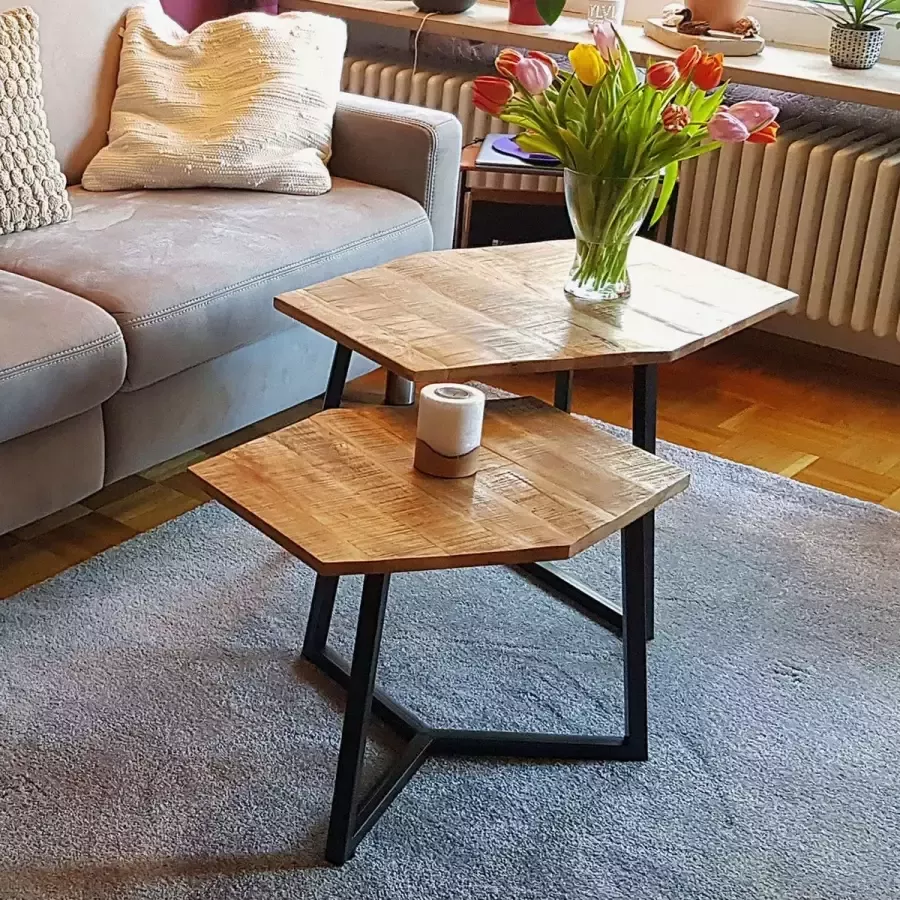 Home decorations SVJ Salontafel 6-hoek 56 x 73 x 45 cm Metaal Zwart Bruin Set van 2