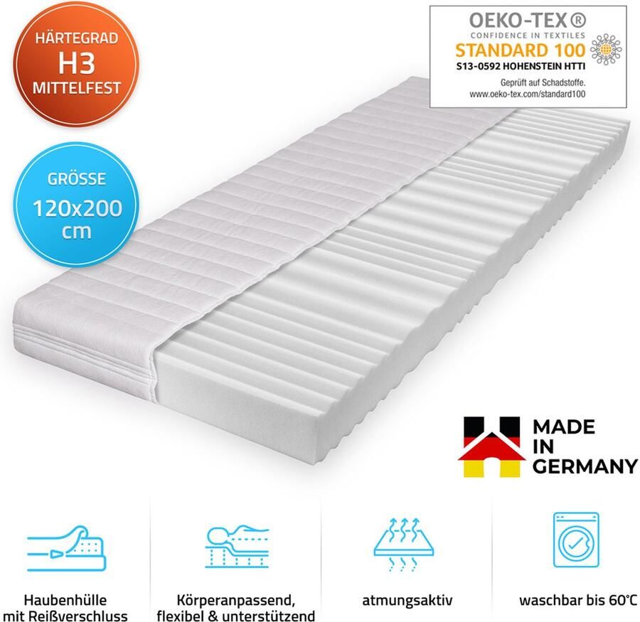 Home Deluxe GmbH HOME DELUXE Ortho-Basic matras 120 x 200 cm comfortschuim aan beide zijden te gebruiken 7 ligzones ademend wasbaar 16cm totale hoogte