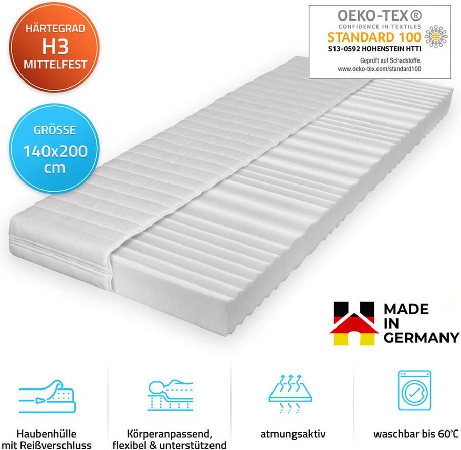 Home Deluxe GmbH HOME DELUXE Ortho-Basic matras 140 x 200 cm comfortschuim aan beide zijden te gebruiken 7 ligzones ademend wasbaar 16cm totale hoogte