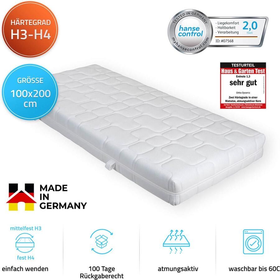 Home Deluxe GmbH HOME DELUXE ORTHO DYNAMIC matras 100 x 200 cm medium stevig & stevig hardheid: H3 H4 Made in Germany Huis & Tuin kwaliteit ZEER GOED