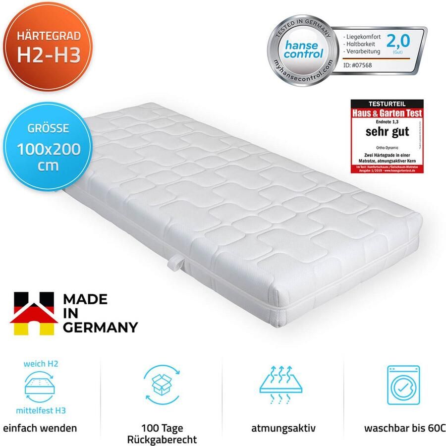 Home Deluxe GmbH HOME DELUXE ORTHO DYNAMIC matras 100 x 200 cm zacht & medium stevig hardheid: H2 H3 Made in Germany Huis & Tuin kwaliteit ZEER GOED
