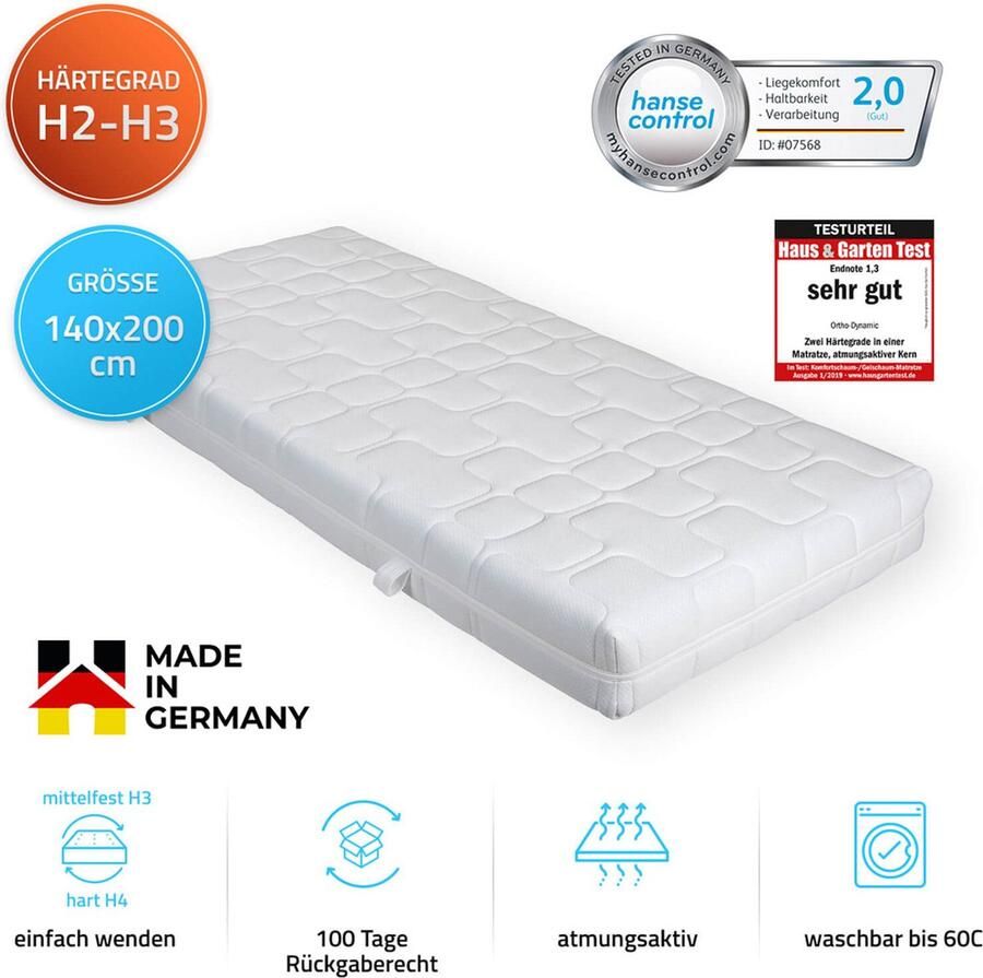 Home Deluxe GmbH HOME DELUXE ORTHO DYNAMIC matras 140 x 200 cm zacht & medium stevig hardheid: H2 H3 Made in Germany Huis & Tuin kwaliteit ZEER GOED