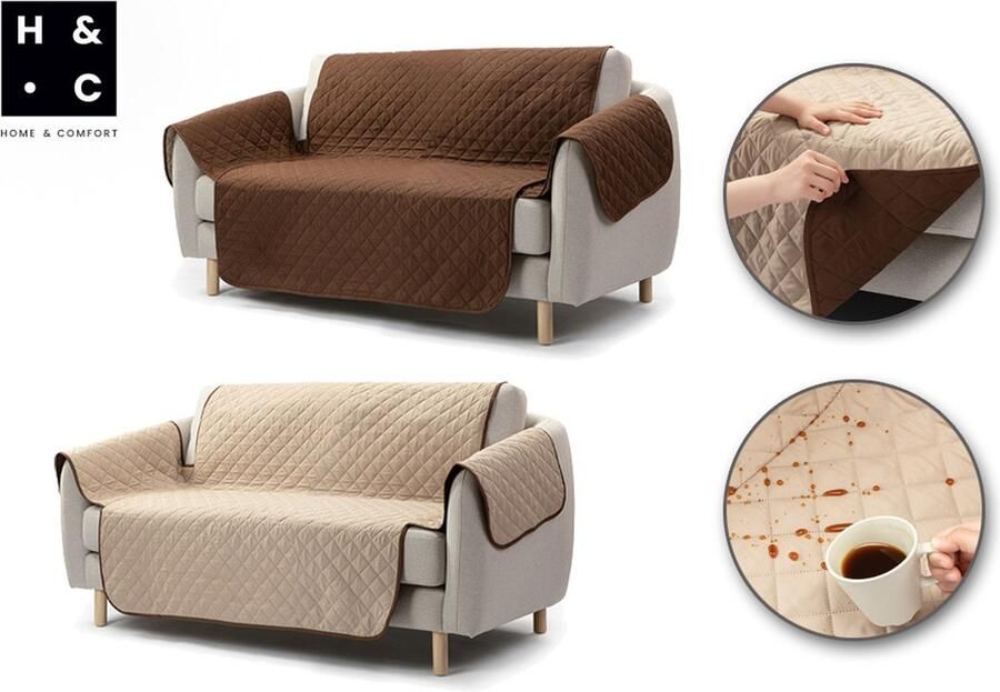 Home & Comfort H&C Zetelhoes Tweezitsbank Bruin Beige Waterafstotend Omkeerbaar