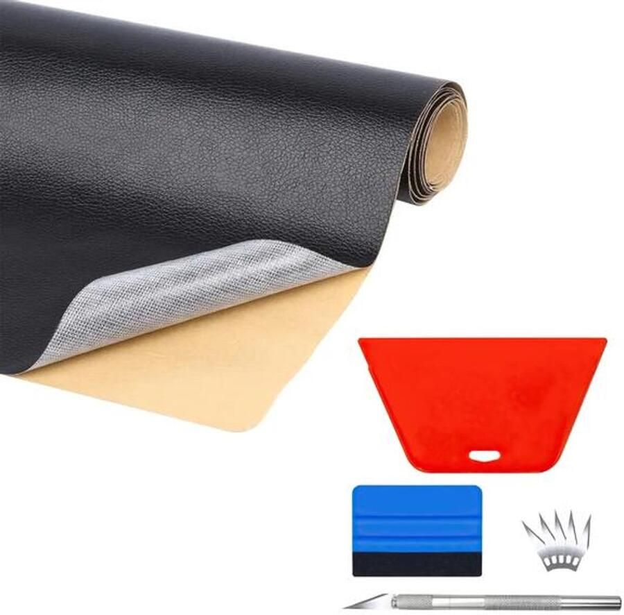 Home & Marker Leer Reparatie Set Inclusief Gereedschap Zelfklevend Kunstleer op Rol Reparatiedoek Zwart 40 x 300 CM LEATHERPATCH + WALLKIT