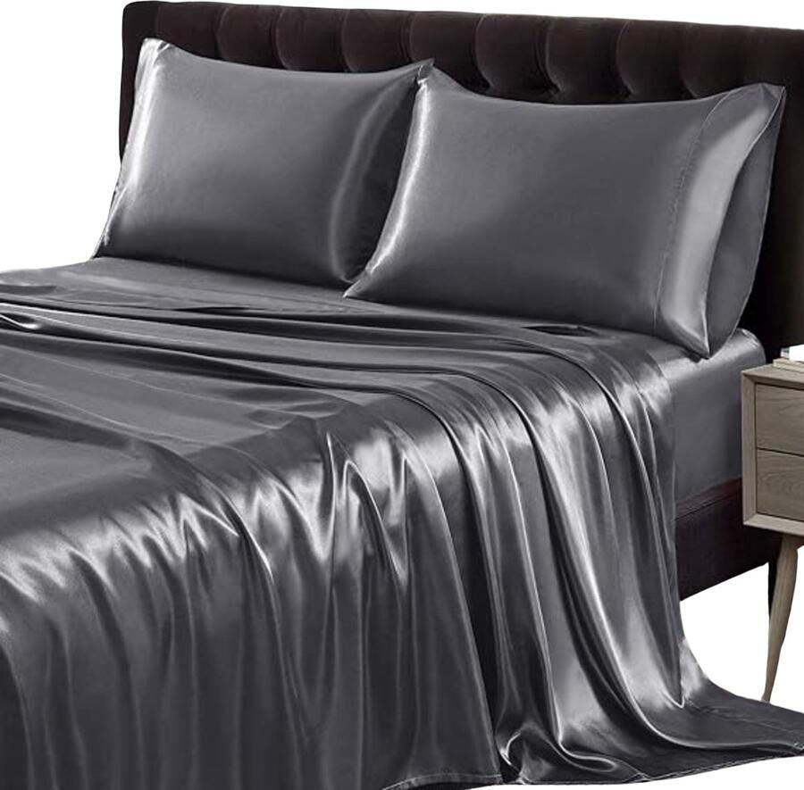 Home & Marker Zijdezacht Hoeslaken met Kussenslopen Fitted Sheet Matras Overtrek Beddengoed Bed Sheet Donkergrijs 180x200 cm SILKYFIT