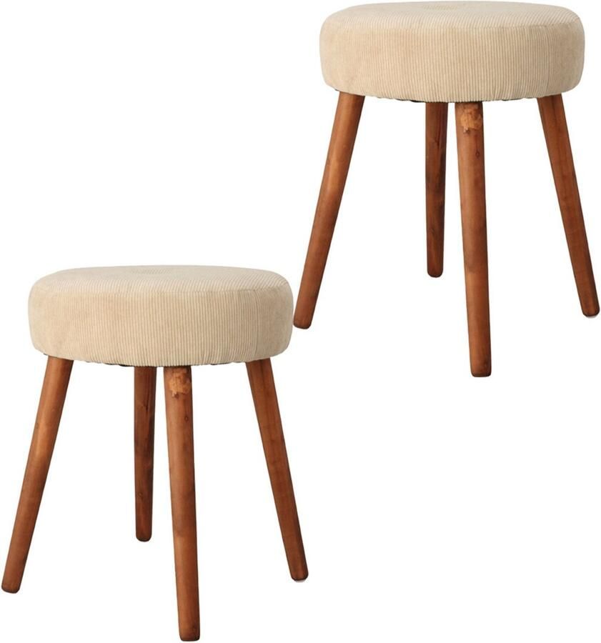 Home & Styling Bijzet krukje Furni 2x creme wit hout stof D35 x H45 cm Meubels Zitten