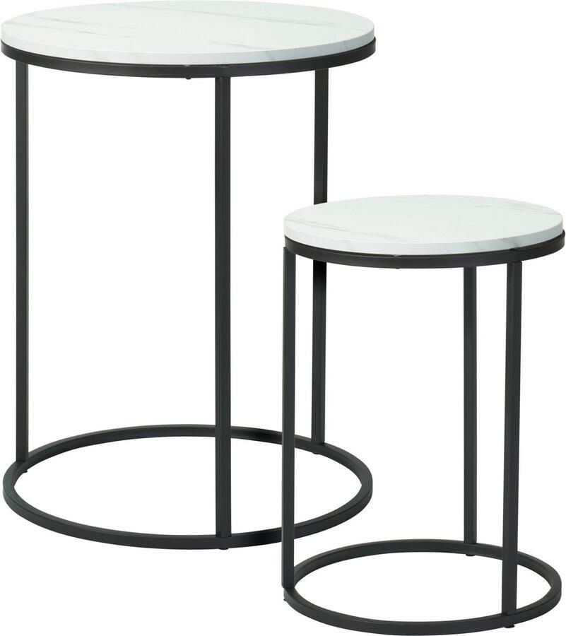 Home & Styling Bijzettafeltjes set 2x stuks Verona zwart wit D40 x H50 cm D30 x H40 cm metaal hout plantenpot verhoger koffie tafels