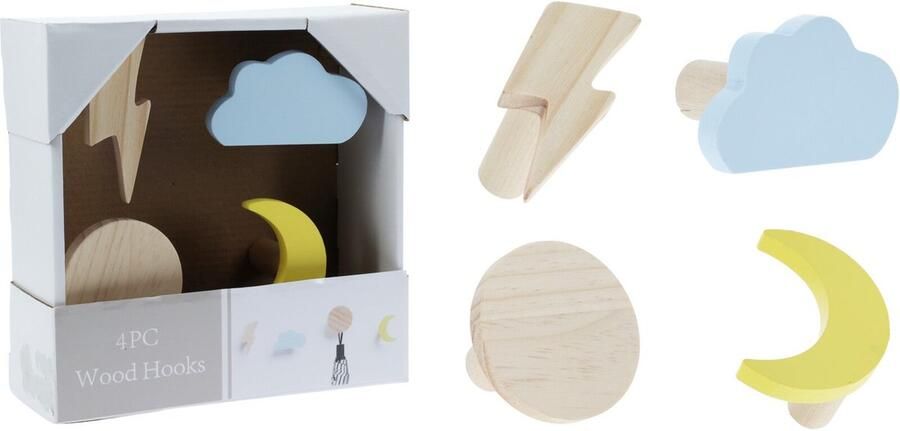 Home & Styling Kapstokken Maan Zon Wolk en Bliksem Set van 4 stuks Multi