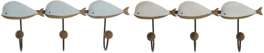 Home ESPRIT Wandkapstok Wit Hemelsblauw Metaal Paulownia hout Walvis 45 x 10 x 17 5 cm (2 Stuks)