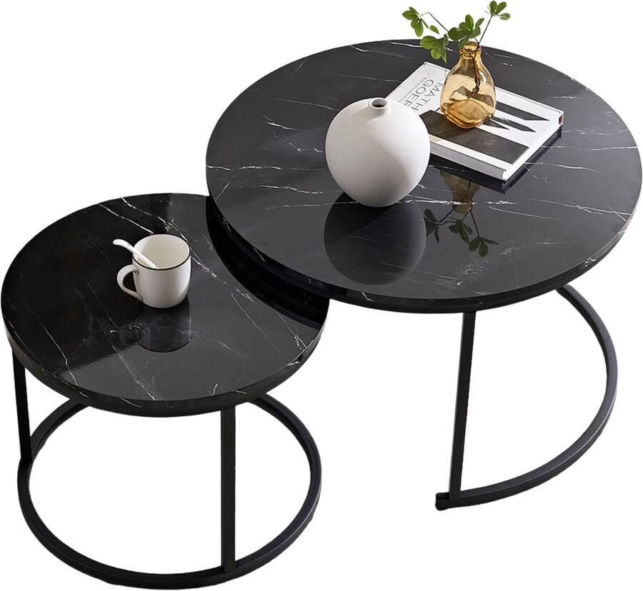HeyHeaven Ronde Salontafel Marmer Print 2 Stuks – Bijzettafel Zwart – Salontafels Rond Ø70 Ø50 – Marmerlook - Foto 2