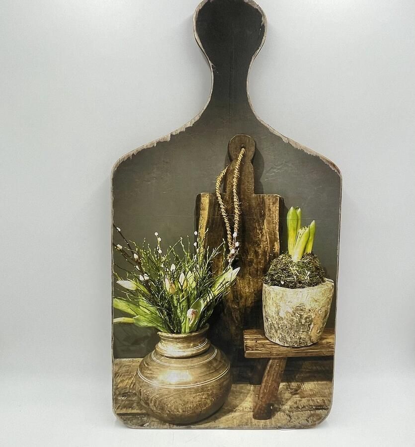 Home Sweet Home Decoratie broodplank met print Nepalese pot bloempot & krukje 64 cm x 34 cm touw maat XL Stoer & Sober 146181