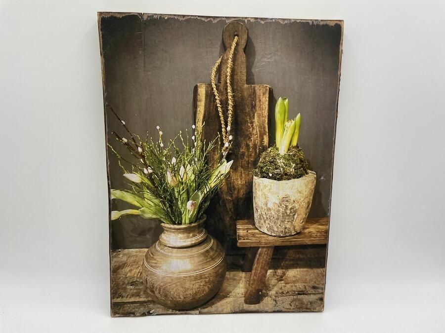 Home Sweet Home Decoratie wandbord met print Nepalese pot bloempot & krukje 40 cm x 30 cm touw Stoer & Sober 358305