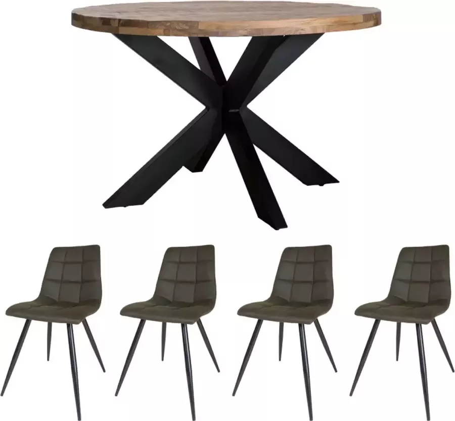 Home67 Set Eettafel Bob ø130 cm + 4 x Eetkamerstoel Galgary Army Green