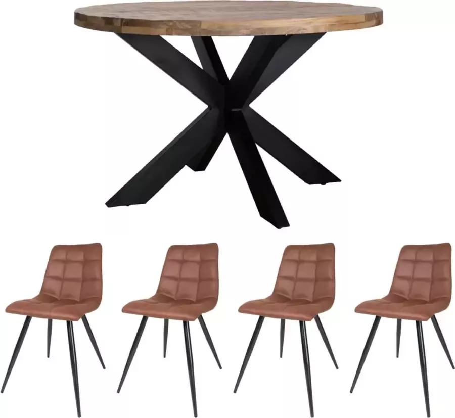 Home67 Set Eettafel Bob ø130 cm + 4 x Eetkamerstoel Galgary Cognac