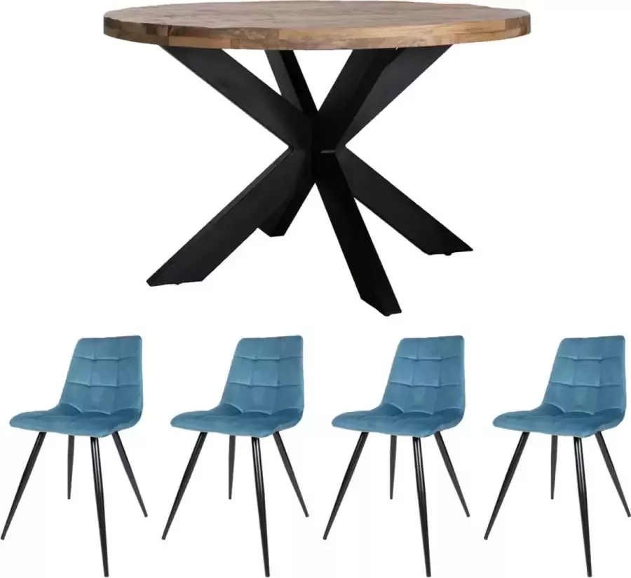 Home67 Set Eettafel Bob ø130 cm + 4 x Eetkamerstoel Galgary Velvet Petrol