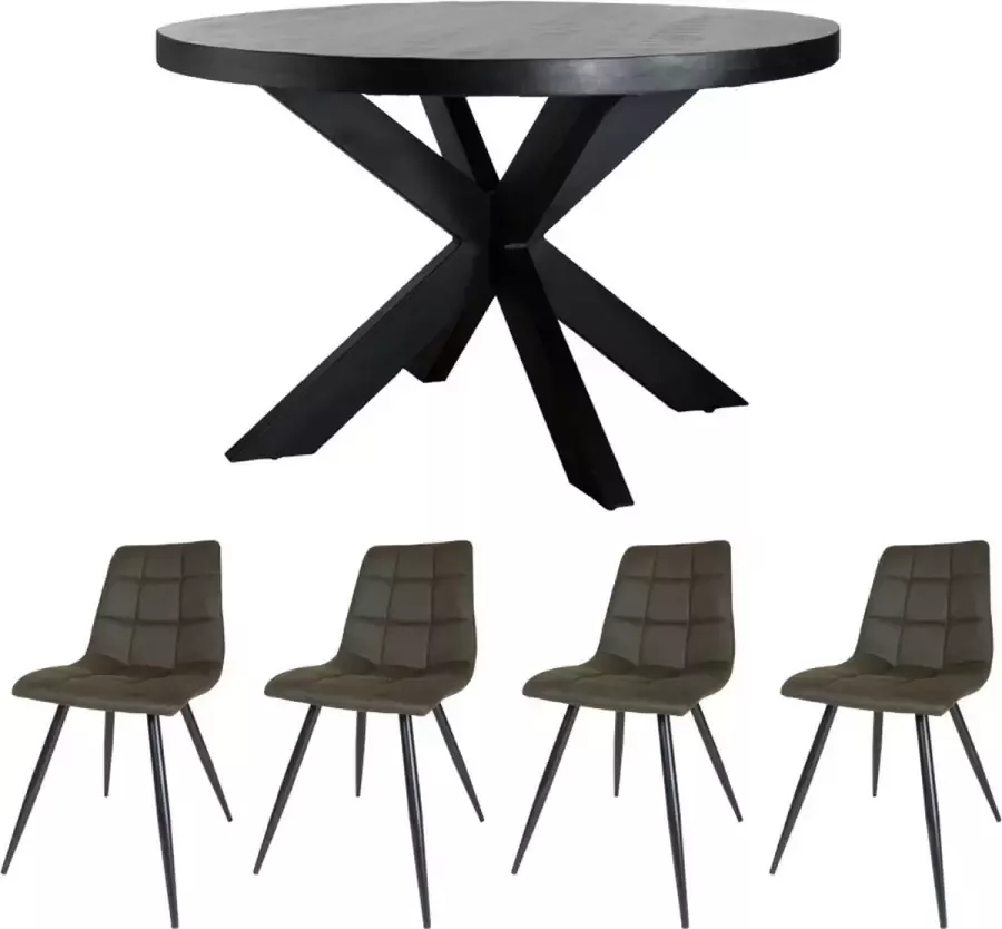 Home67 Set Eettafel Bob Zwart Mangohout ø130 cm + 4 x Eetkamerstoel Galgary Army Green