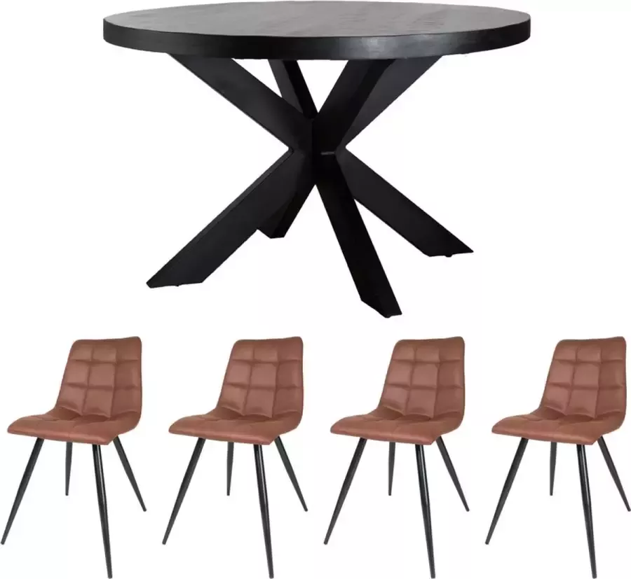 Home67 Set Eettafel Bob Zwart Mangohout ø130 cm + 4 x Eetkamerstoel Galgary Cognac