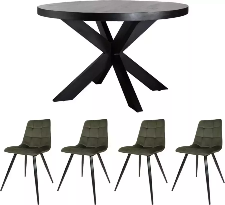 Home67 Set Eettafel Bob Zwart Mangohout ø130 cm + 4 x Eetkamerstoel Galgary Velvet Army Green