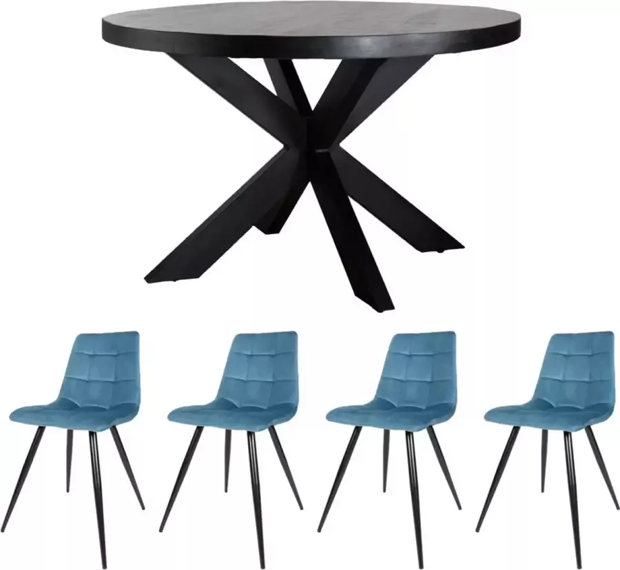 Home67 Set Eettafel Bob Zwart Mangohout ø130 cm + 4 x Eetkamerstoel Galgary Velvet Petrol