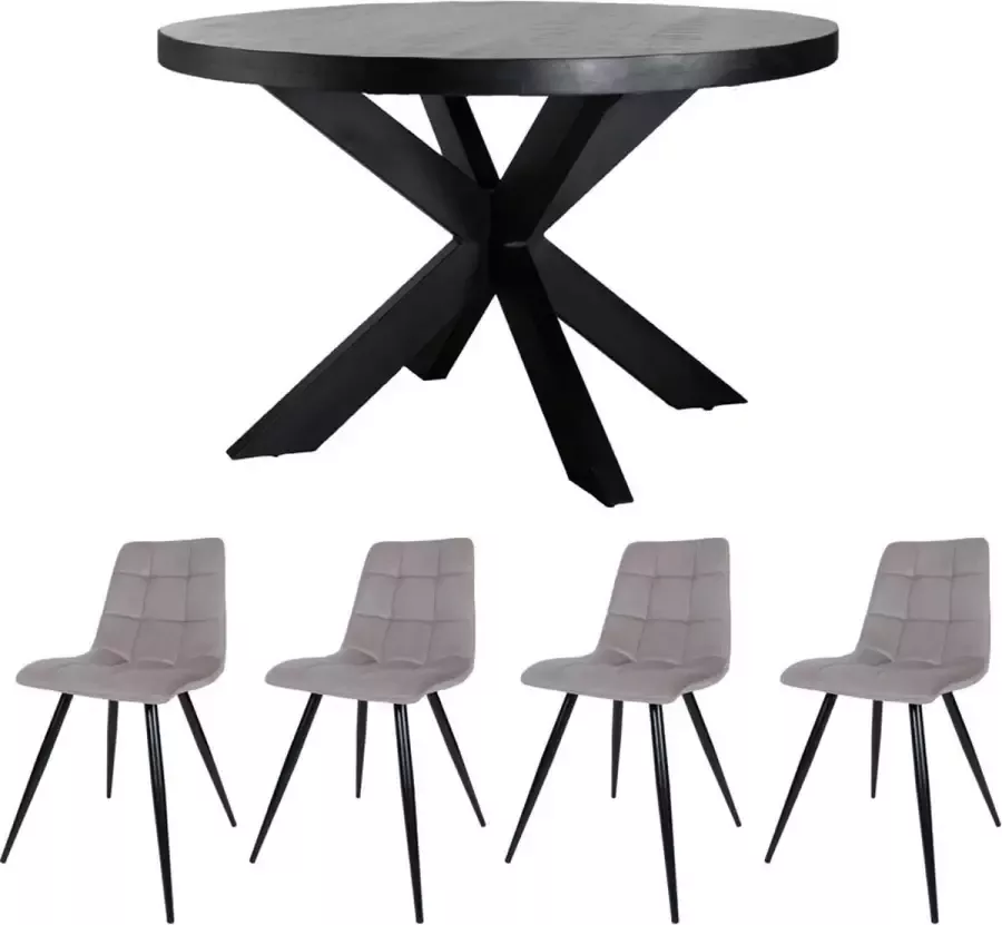 Home67 Set Eettafel Bob Zwart Mangohout ø130 cm + 4 x Eetkamerstoel Galgary Velvet Taupe