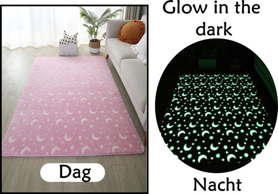 HomeBerg Glow in the Dark Tapijt Maan & Sterren Lichtgevend Verdikt Kinderen Kruipmat Vloermat Speelkleed Meisjes kamer- Vloerkleed Roze Sterren Kinderkamer XL Zacht 160 x 120 CM
