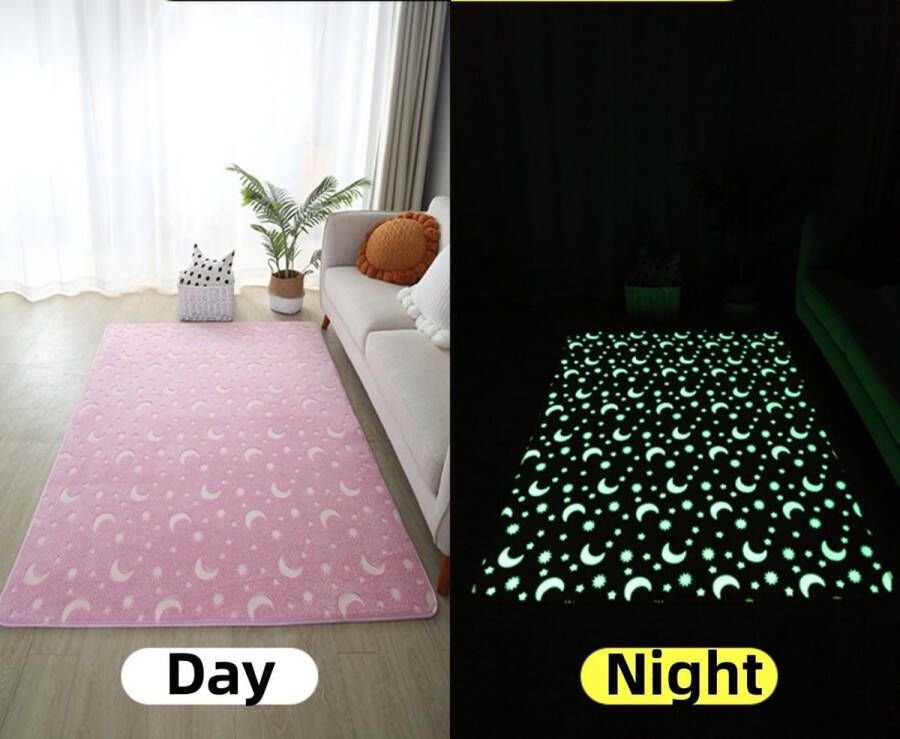 HomeBerg Glow in the Dark Tapijt Maan & Sterren Lichtgevend Verdikt Kinderen Kruipmat Vloermat Speelkleed Meisjes kamer- Vloerkleed Roze Sterren Kinderkamer XL Zacht 160 x 120 CM - Foto 2
