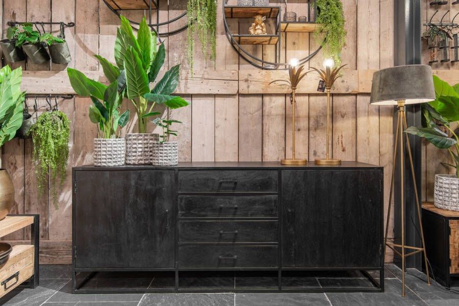 Kolony Dressoir Fishbone zwart mango zwarte kast opberg dressoir mango met metaal 210x45x85cm