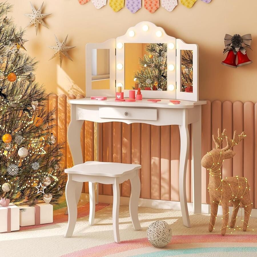 HomeByNicole 2-in-1 Kinder Schminktisch mit LED Spiegel & Schublade – Frisiertisch für Mädchen – Kosmetiktisch Prinzessin Weiß – Mit dimmbarer Beleuchtung & abnehmbarem Spiegel – Perfekt als Geschenk für Kinderzimmer
