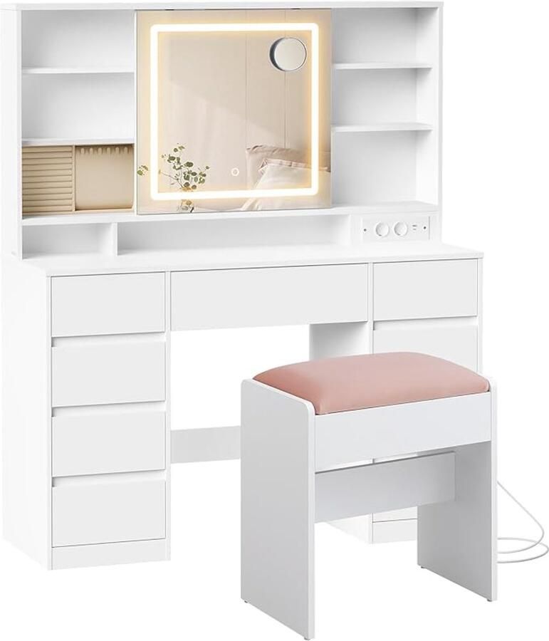 HomeByNicole Aurora Deluxe LED Dressing Table with Mirror 9 Drawers Stool Power Strip & 10x Magnifying Mirror – 3 Light Colours Adjustable Brightness Modern White Vanity 110 cm
