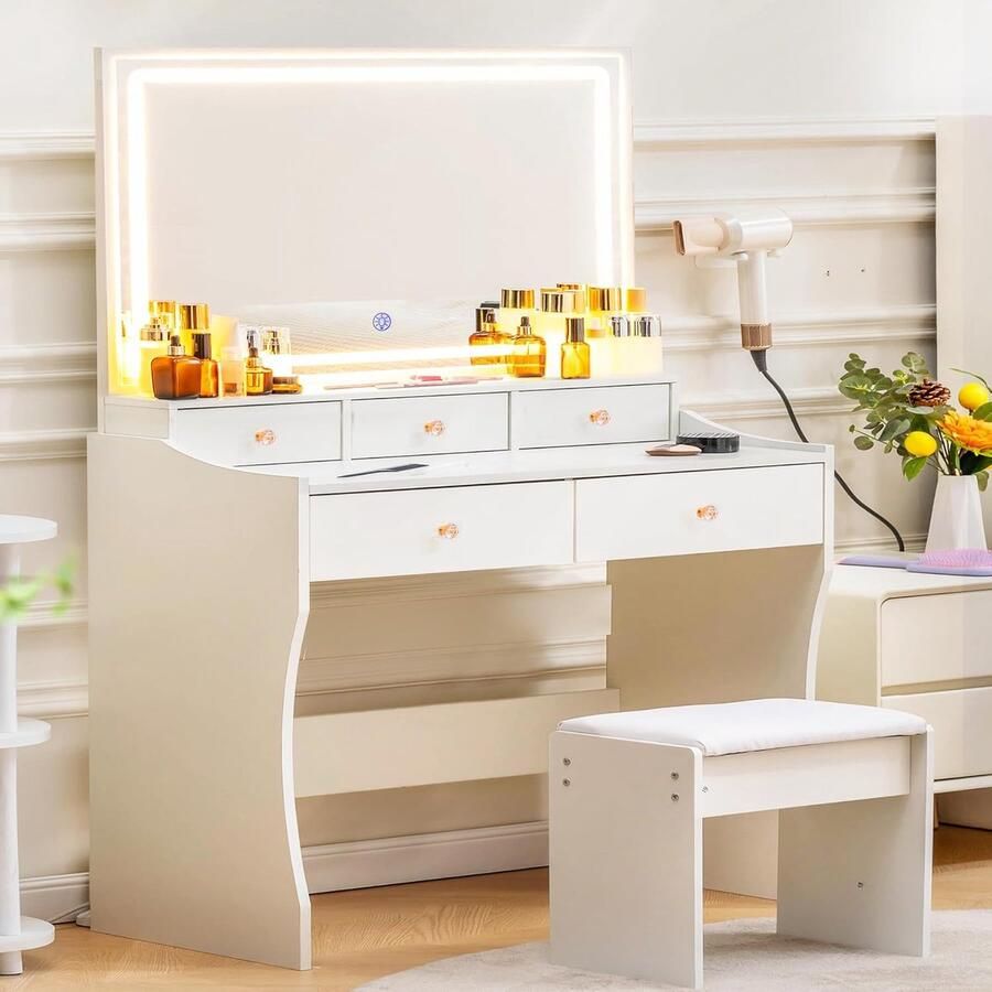 HomeByNicole Aurora Vanity Table with LED Mirror – White Makeup Desk with 5 Drawers Adjustable Light Modes & Built-In Power Outlets – Elegant Dressing Table with Stool 80x40x135 cm