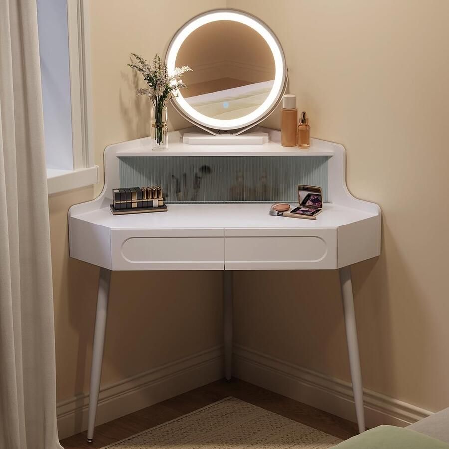 HomeByNicole BellaLux Corner Vanity Table with LED Mirror” – Elegant Corner Dressing Table with Adjustable Lighting & Ample Storage – White