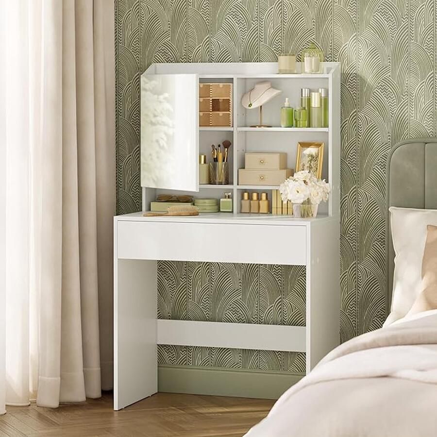 HomeByNicole BellaLux Premium Dressing Table – Modern White Vanity with Mirror Adjustable Shelves & Large Drawer – Elegant Makeup Desk 70x40x136 cm
