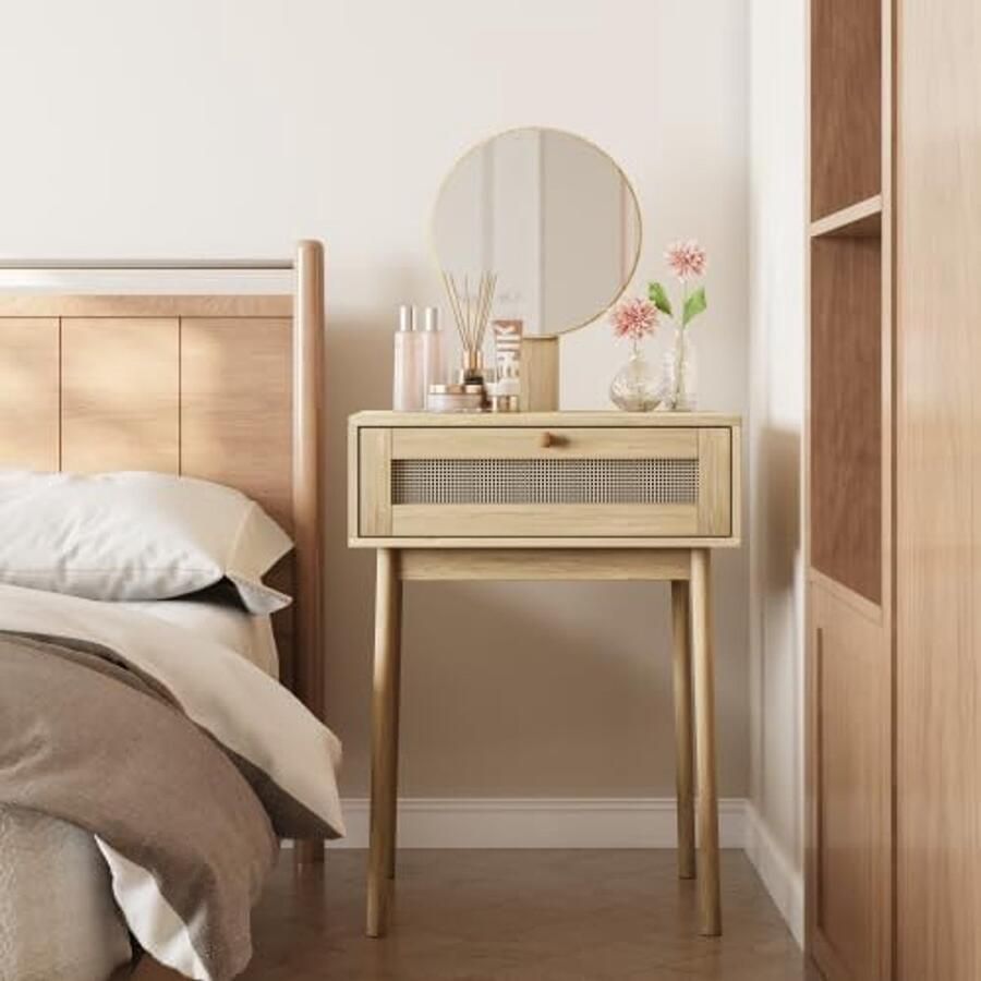 HomeByNicole Bohemian Schminktisch mit Spiegel & Rattan Schublade – Moderner Make-up Tisch aus Holz – Frisiertisch ohne Hocker – Kosmetiktisch mit Stauraum – 60×50×128cm – Naturfarbe